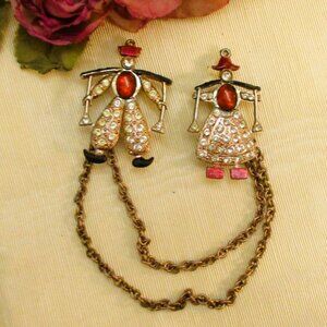 Dutch Children Chatelaine Brooch BOOK PIECE ~ VINTAGE Figural Double Pin Swag